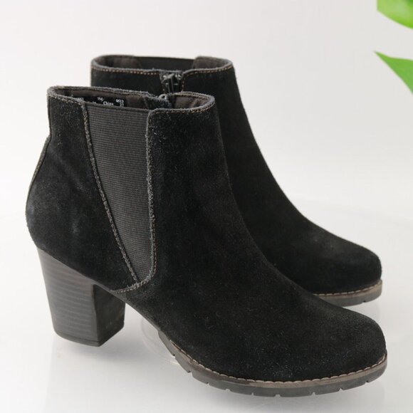 Clarks Women's Pause Camelia Boot Size 7 Chelsea Black Suede Block Heel Comfy - Picture 2 of 13